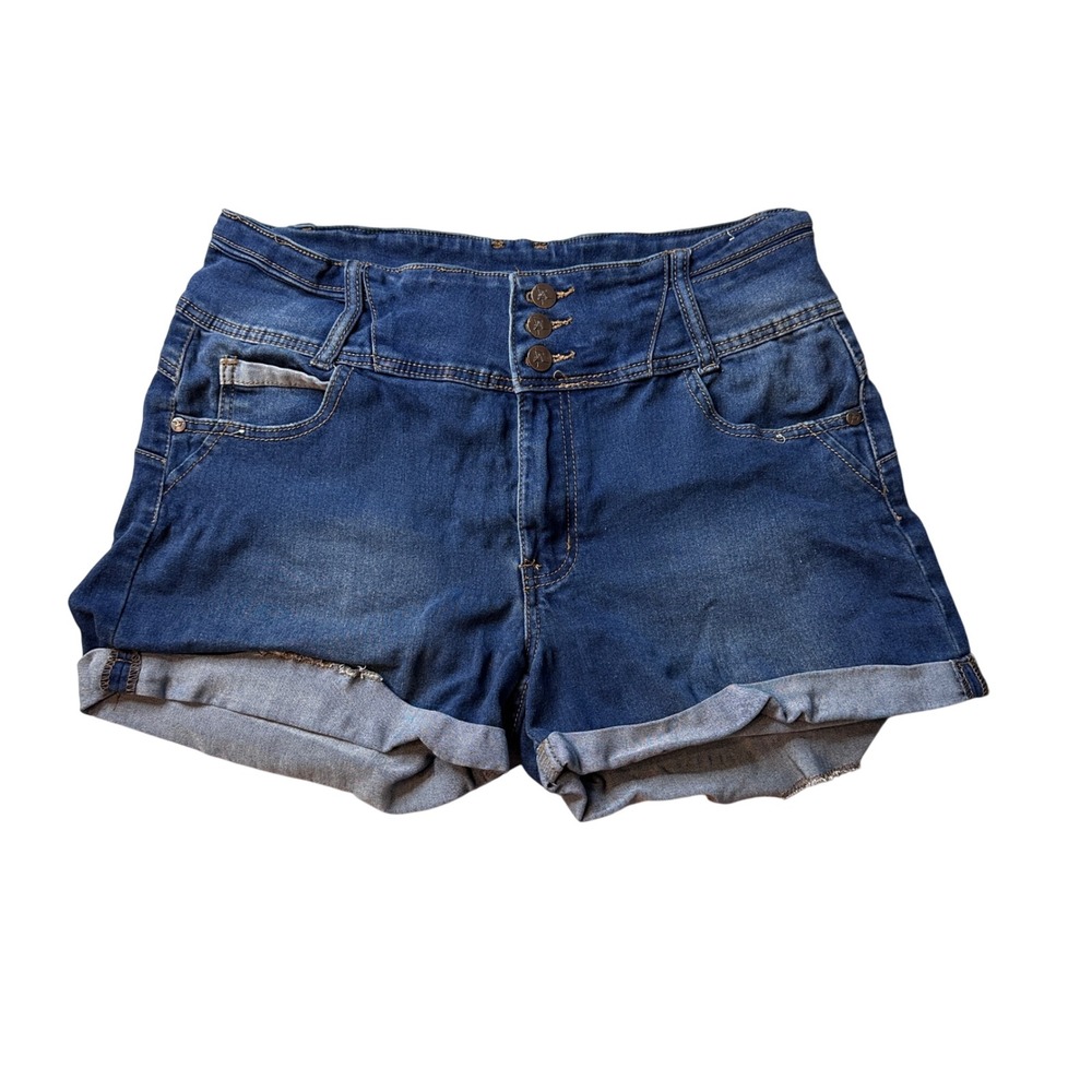 Always Friday Denim Shorts Womens 17 Blue High Waisted Cuffed Triple Button Fly‎